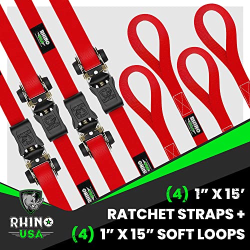 Rhino USA Ratchet Tie Down Straps (4PK) - 1,823lb Guaranteed Max Break Strength, Includes (4) Premium 1" x 15' Rachet Tie Downs with Padded Handles. Best for Moving, Securing Cargo