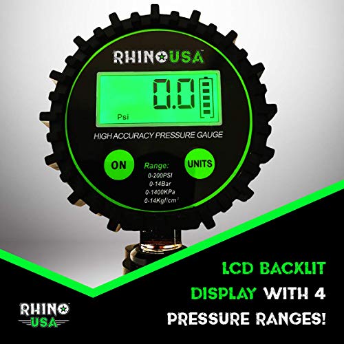 Rhino USA Tire Inflator with Pressure Gauge (0-100 PSI) - ANSI B40.1 Accurate, Large 2" Easy Read Glow Dial, Premium Braided Hose, Solid Brass Hardware, Best for Any Car, Truck, Motorcycle, RV…