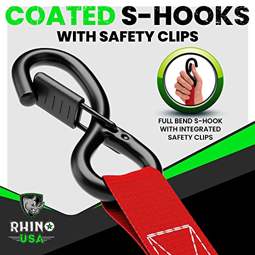Rhino USA Ratchet Tie Down Straps (4PK) - 1,823lb Guaranteed Max Break Strength, Includes (4) Premium 1" x 15' Rachet Tie Downs with Padded Handles. Best for Moving, Securing Cargo