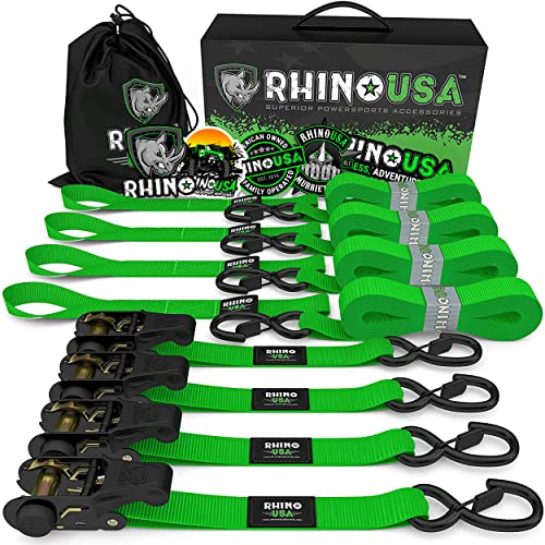 Rhino USA Ratchet Tie Down Straps (4PK) - 1,823lb Guaranteed Max Break Strength, Includes (4) Premium 1" x 15' Rachet Tie Downs with Padded Handles. Best for Moving, Securing Cargo