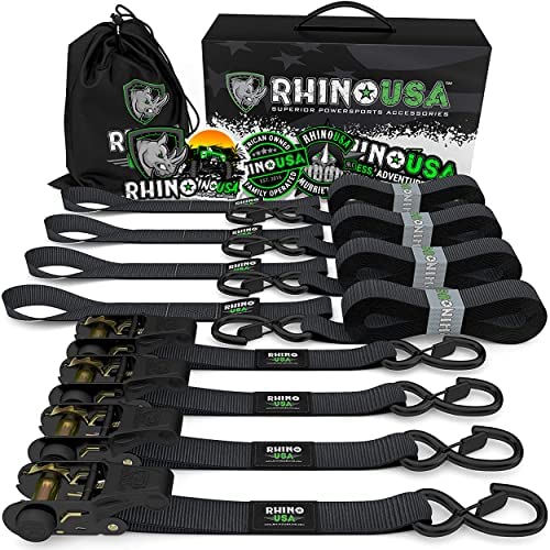 Rhino USA Ratchet Tie Down Straps (4PK) - 1,823lb Guaranteed Max Break Strength, Includes (4) Premium 1" x 15' Rachet Tie Downs with Padded Handles. Best for Moving, Securing Cargo