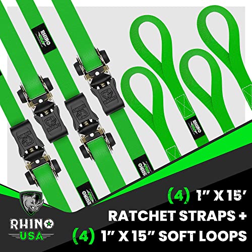 Rhino USA Ratchet Tie Down Straps (4PK) - 1,823lb Guaranteed Max Break Strength, Includes (4) Premium 1" x 15' Rachet Tie Downs with Padded Handles. Best for Moving, Securing Cargo