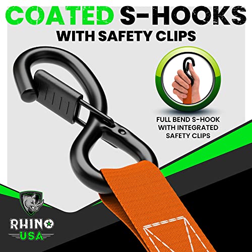 Rhino USA Ratchet Tie Down Straps (4PK) - 1,823lb Guaranteed Max Break Strength, Includes (4) Premium 1" x 15' Rachet Tie Downs with Padded Handles. Best for Moving, Securing Cargo
