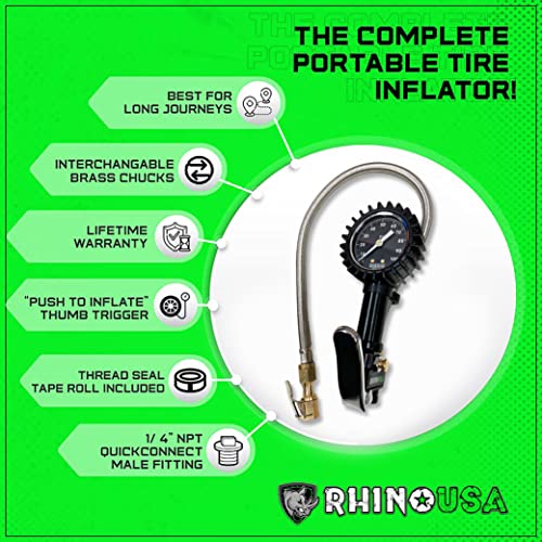 Rhino USA Tire Inflator with Pressure Gauge (0-100 PSI) - ANSI B40.1 Accurate, Large 2" Easy Read Glow Dial, Premium Braided Hose, Solid Brass Hardware, Best for Any Car, Truck, Motorcycle, RV…
