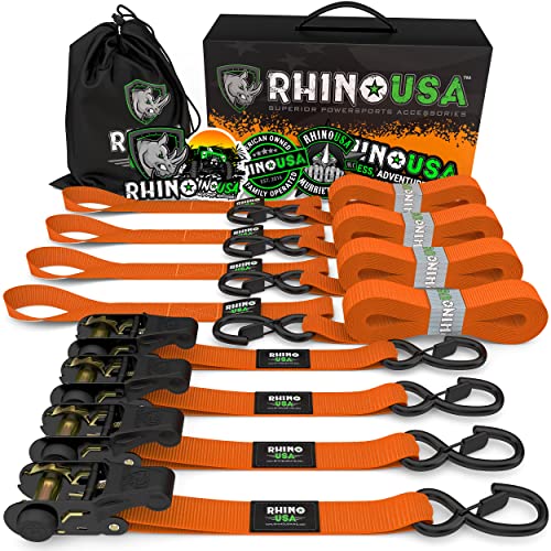 Rhino USA Ratchet Tie Down Straps (4PK) - 1,823lb Guaranteed Max Break Strength, Includes (4) Premium 1" x 15' Rachet Tie Downs with Padded Handles. Best for Moving, Securing Cargo