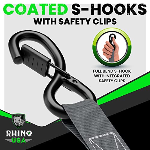 Rhino USA Ratchet Tie Down Straps (4PK) - 1,823lb Guaranteed Max Break Strength, Includes (4) Premium 1" x 15' Rachet Tie Downs with Padded Handles. Best for Moving, Securing Cargo