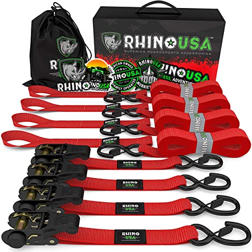 Rhino USA Ratchet Tie Down Straps (4PK) - 1,823lb Guaranteed Max Break Strength, Includes (4) Premium 1" x 15' Rachet Tie Downs with Padded Handles. Best for Moving, Securing Cargo
