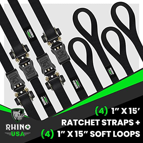 Rhino USA Ratchet Tie Down Straps (4PK) - 1,823lb Guaranteed Max Break Strength, Includes (4) Premium 1" x 15' Rachet Tie Downs with Padded Handles. Best for Moving, Securing Cargo