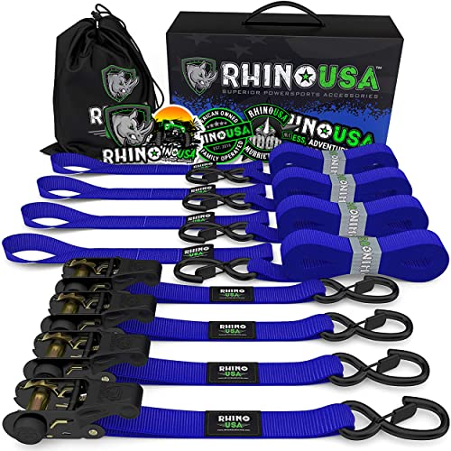 Rhino USA Ratchet Tie Down Straps (4PK) - 1,823lb Guaranteed Max Break Strength, Includes (4) Premium 1" x 15' Rachet Tie Downs with Padded Handles. Best for Moving, Securing Cargo