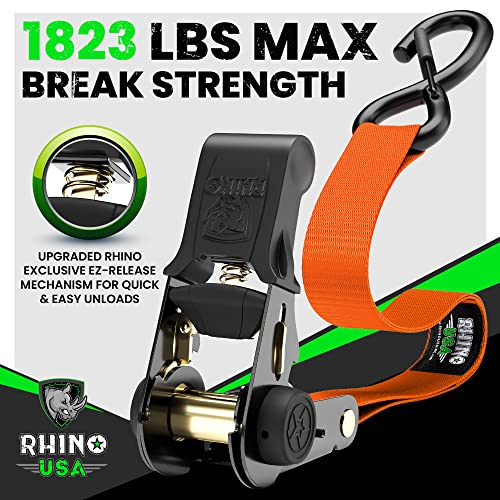 Rhino USA Ratchet Tie Down Straps (4PK) - 1,823lb Guaranteed Max Break Strength, Includes (4) Premium 1" x 15' Rachet Tie Downs with Padded Handles. Best for Moving, Securing Cargo