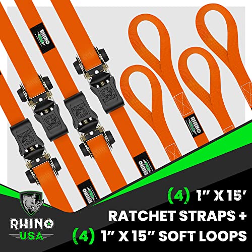 Rhino USA Ratchet Tie Down Straps (4PK) - 1,823lb Guaranteed Max Break Strength, Includes (4) Premium 1" x 15' Rachet Tie Downs with Padded Handles. Best for Moving, Securing Cargo