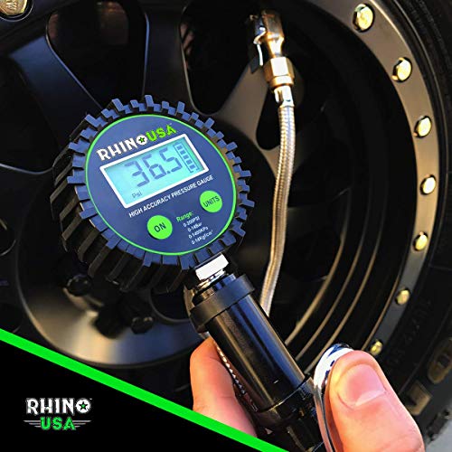 Rhino USA Tire Inflator with Pressure Gauge (0-100 PSI) - ANSI B40.1 Accurate, Large 2" Easy Read Glow Dial, Premium Braided Hose, Solid Brass Hardware, Best for Any Car, Truck, Motorcycle, RV…