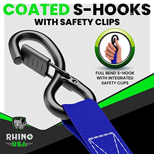 Rhino USA Ratchet Tie Down Straps (4PK) - 1,823lb Guaranteed Max Break Strength, Includes (4) Premium 1" x 15' Rachet Tie Downs with Padded Handles. Best for Moving, Securing Cargo