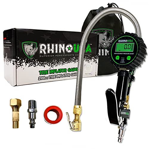 Rhino USA Tire Inflator with Pressure Gauge (0-100 PSI) - ANSI B40.1 Accurate, Large 2" Easy Read Glow Dial, Premium Braided Hose, Solid Brass Hardware, Best for Any Car, Truck, Motorcycle, RV…