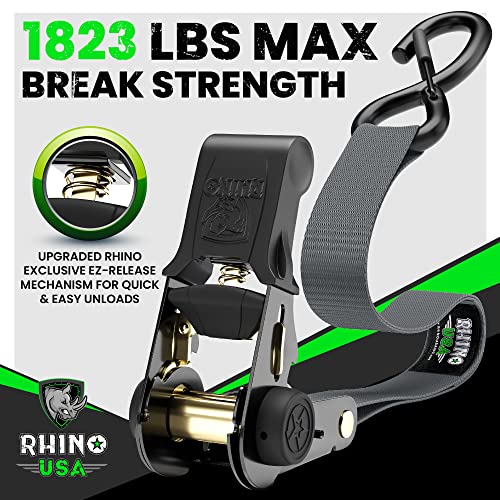 Rhino USA Ratchet Tie Down Straps (4PK) - 1,823lb Guaranteed Max Break Strength, Includes (4) Premium 1" x 15' Rachet Tie Downs with Padded Handles. Best for Moving, Securing Cargo