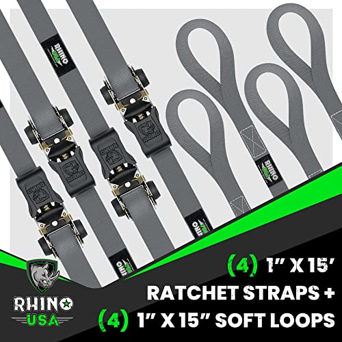 Rhino USA Ratchet Tie Down Straps (4PK) - 1,823lb Guaranteed Max Break Strength, Includes (4) Premium 1" x 15' Rachet Tie Downs with Padded Handles. Best for Moving, Securing Cargo