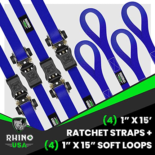 Rhino USA Ratchet Tie Down Straps (4PK) - 1,823lb Guaranteed Max Break Strength, Includes (4) Premium 1" x 15' Rachet Tie Downs with Padded Handles. Best for Moving, Securing Cargo